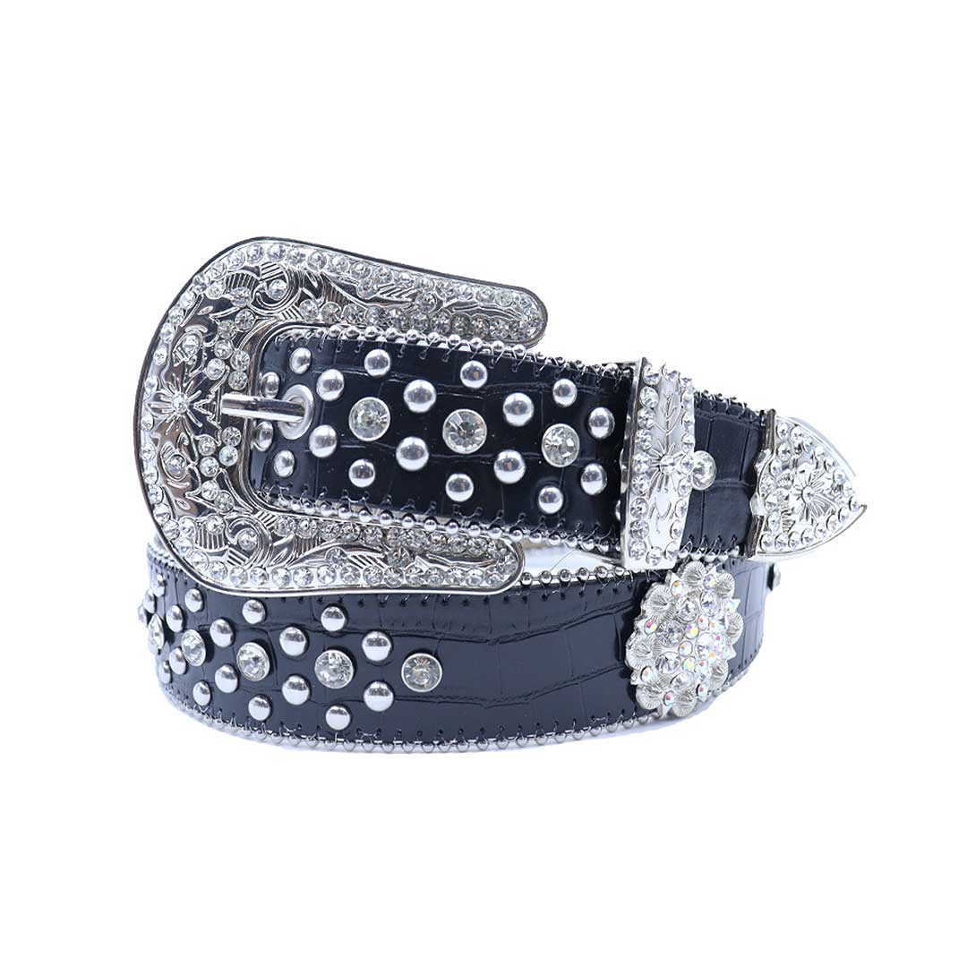 Engraved Buckle Black Strap with Crystal and Metal Studs Rhinestone Belt-Belts-The Rhinestone Belts