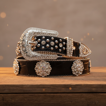 Engraved Buckle Black Strap with Crystal and Metal Studs Rhinestone Belt