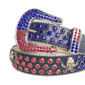 Red and Blue Rhinestones with Skull Studs on Black Textured Strap Rhinestone Belt-Belts-The Rhinestone Belts