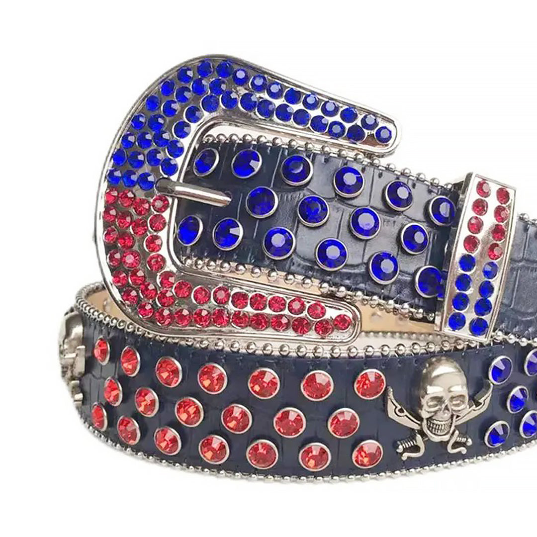 Red and Blue Rhinestones with Skull Studs on Black Textured Strap Rhinestone Belt-Belts-The Rhinestone Belts