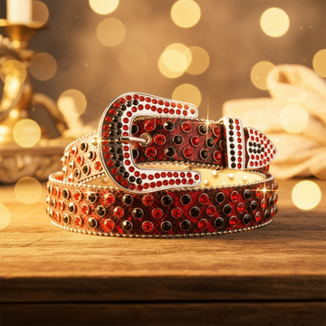 Red and Black Rhinestones with Red Snake Texture Strap Rhinestone Belt