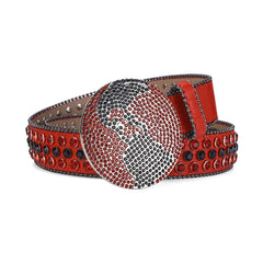 Globe Buckle with Red and Black Studs Rhinestone Belt