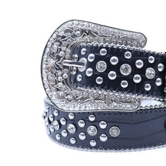 Engraved Buckle Black Strap with Crystal and Metal Studs Rhinestone Belt