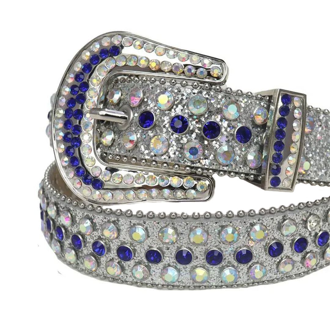 Blue and Chromatic Rhinestones with Silver Glitter Strap Rhinestone Belt-Belts-The Rhinestone Belts