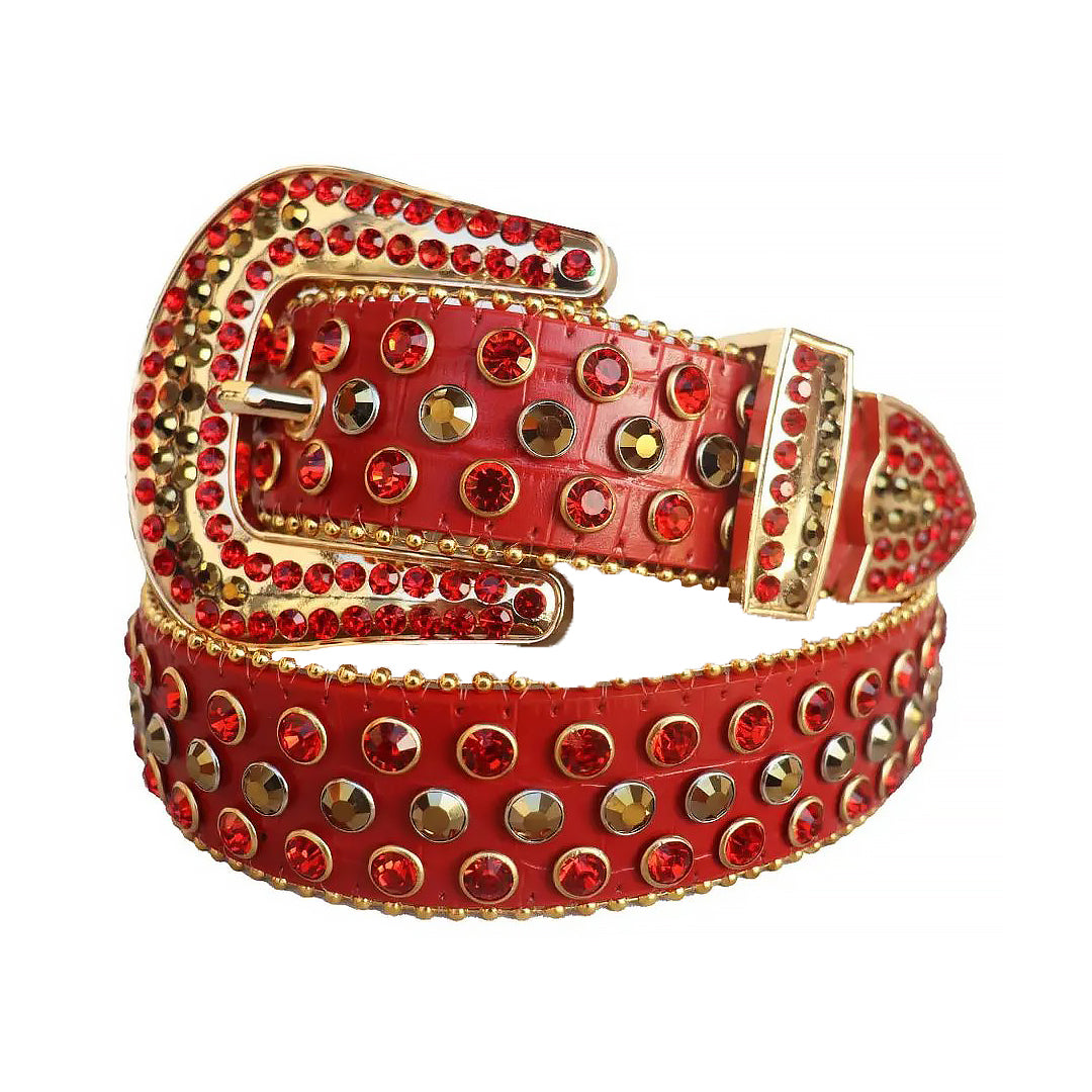 Red and Gold Rhinestones with Red Textured Strap Rhinestone Belt-Belts-The Rhinestone Belts