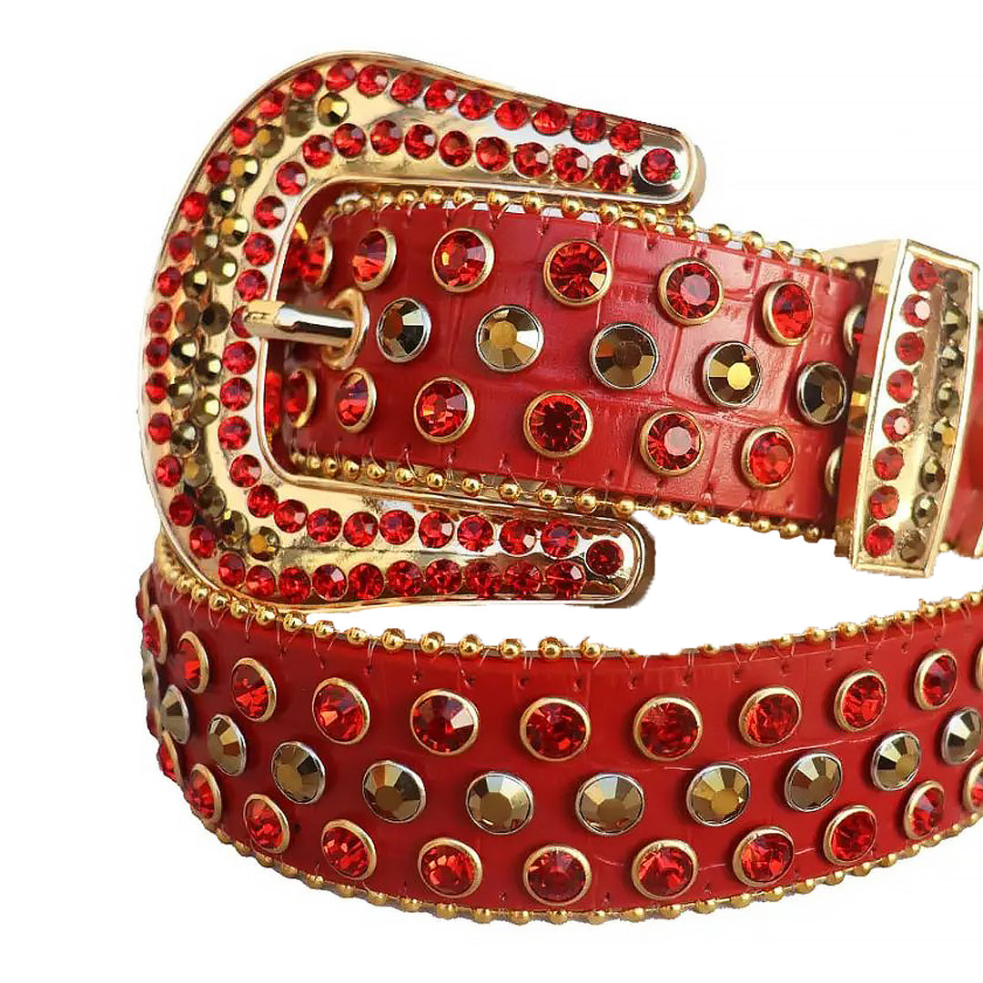 Red and Gold Rhinestones with Red Textured Strap Rhinestone Belt-Belts-The Rhinestone Belts