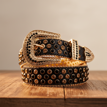 Schwarz-goldene Strasssteine mit schwarzem Glitzerriemen-Strassgürtel