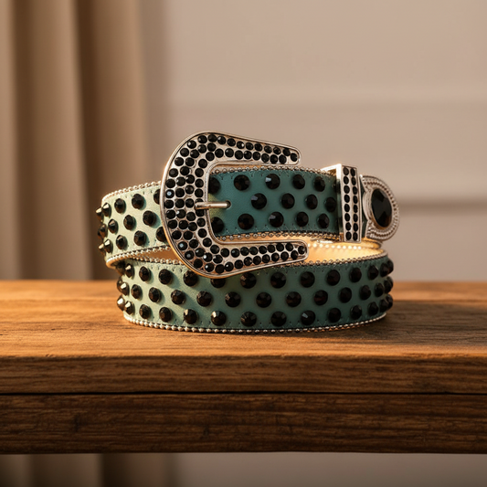 Black Rhinestones with Cyan Strap Rhinestone Belt – Luxury Handmade Designer Gift Bling Men Women