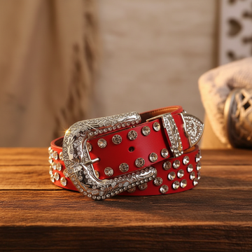 Red rhinestone belt with silver diamond-studded buckle and textured oval frame