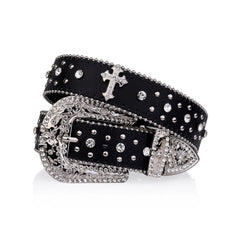 Engraved Buckle Cross Black Strap with Crystal Studs Rhinestone Belt