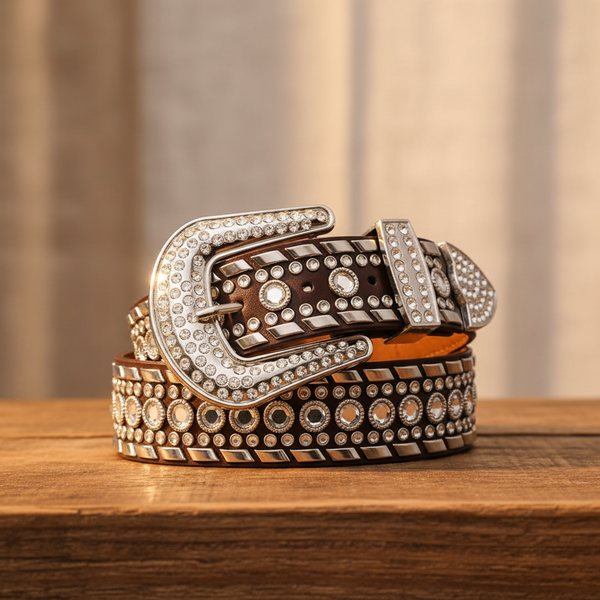 Diamond Rhinestones and Silver Studs with Dark Brown Strap Rhinestone Belt