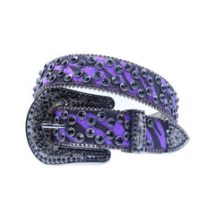 Engraved Buckle Purple Patterned Strap with Black Studs Rhinestone Belt