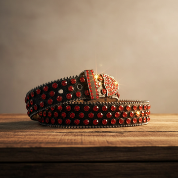 Black Strap with Red Studs Rhinestone Belt