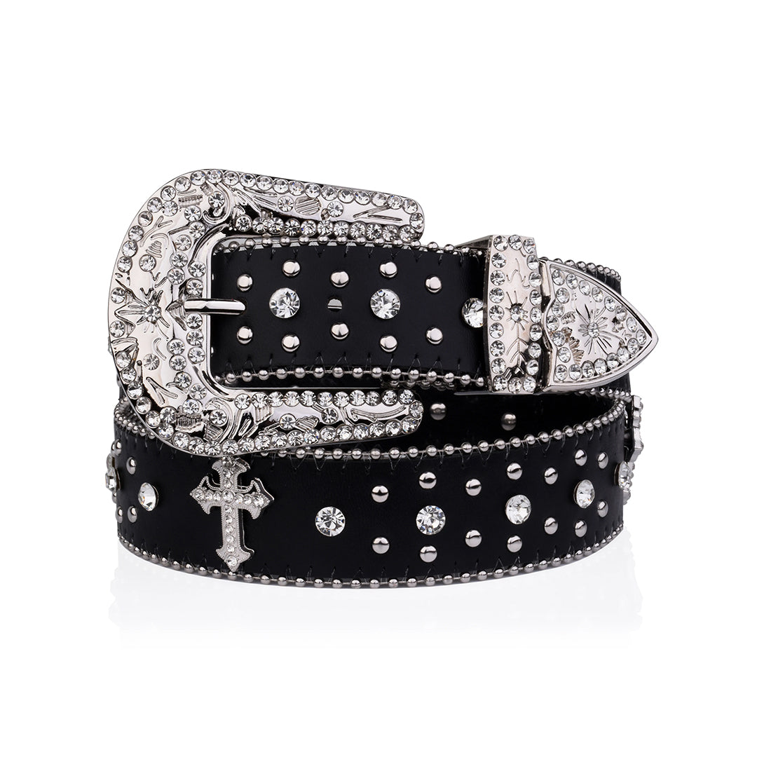 Engraved Buckle Cross Black Strap with Crystal Studs Rhinestone Belt-Belts-The Rhinestone Belts
