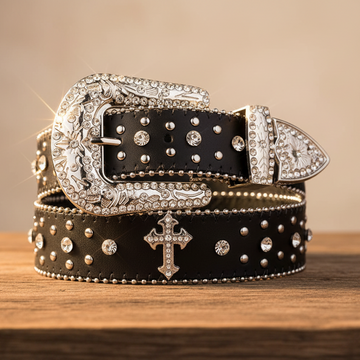 Engraved Buckle Cross Black Strap Rhinestone Belt
