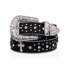 Engraved Buckle Cross Black Strap with Crystal Studs Rhinestone Belt