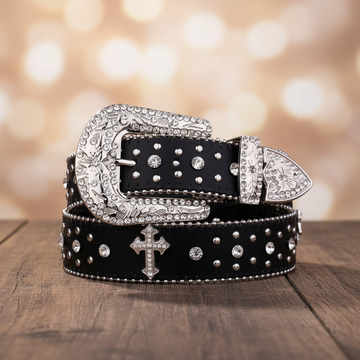 Engraved Buckle Cross Black Strap Rhinestone Belt – Luxury Handmade Designer Gift Bling Men/Women