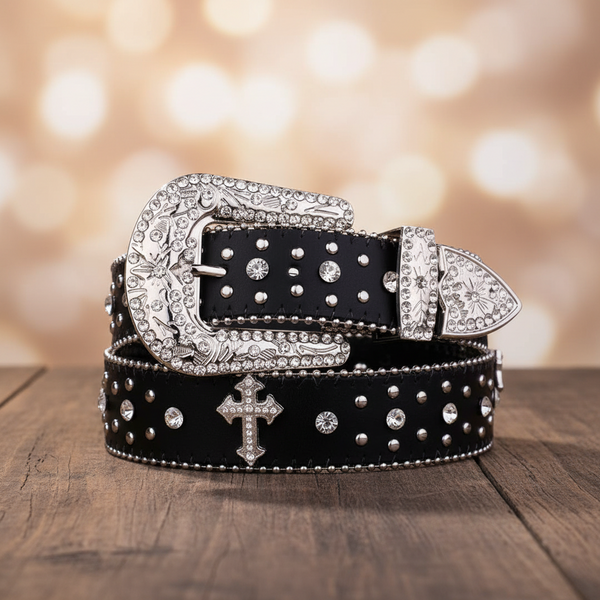 Engraved Buckle Cross Black Strap Rhinestone Belt