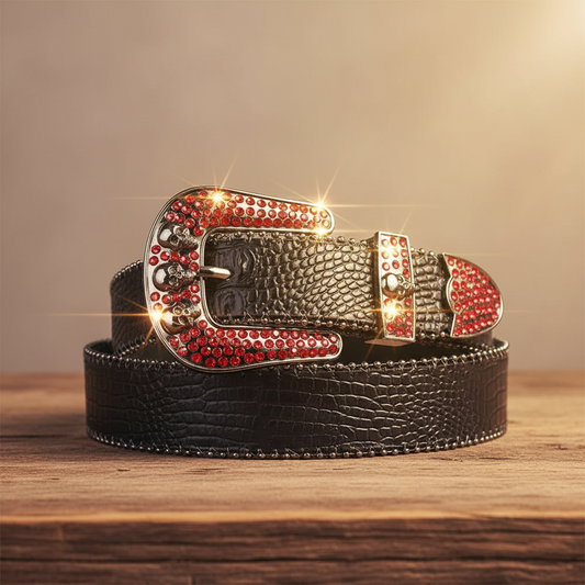 Red Rhinestones with Black Textured Strap and Skull Buckles Rhinestone Belt