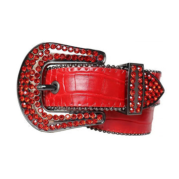 Red Rhinestones with Red Textured Strap and Black Buckle Rhinestone Belt-Belts-The Rhinestone Belts