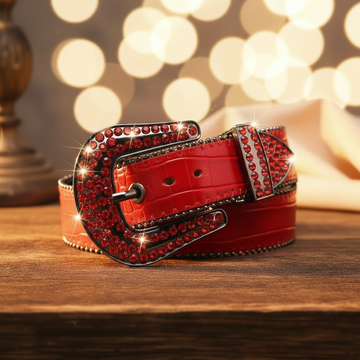 Red Rhinestones with Red Textured Strap and Black Buckle Rhinestone Belt