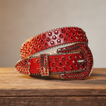 Red Rhinestones with Red Textured Strap and Silver Buckle Rhinestone Belt