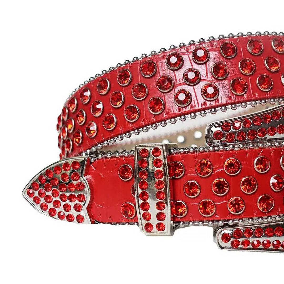 Red Rhinestones with Red Textured Strap and Silver Buckle Rhinestone Belt-Belts-The Rhinestone Belts