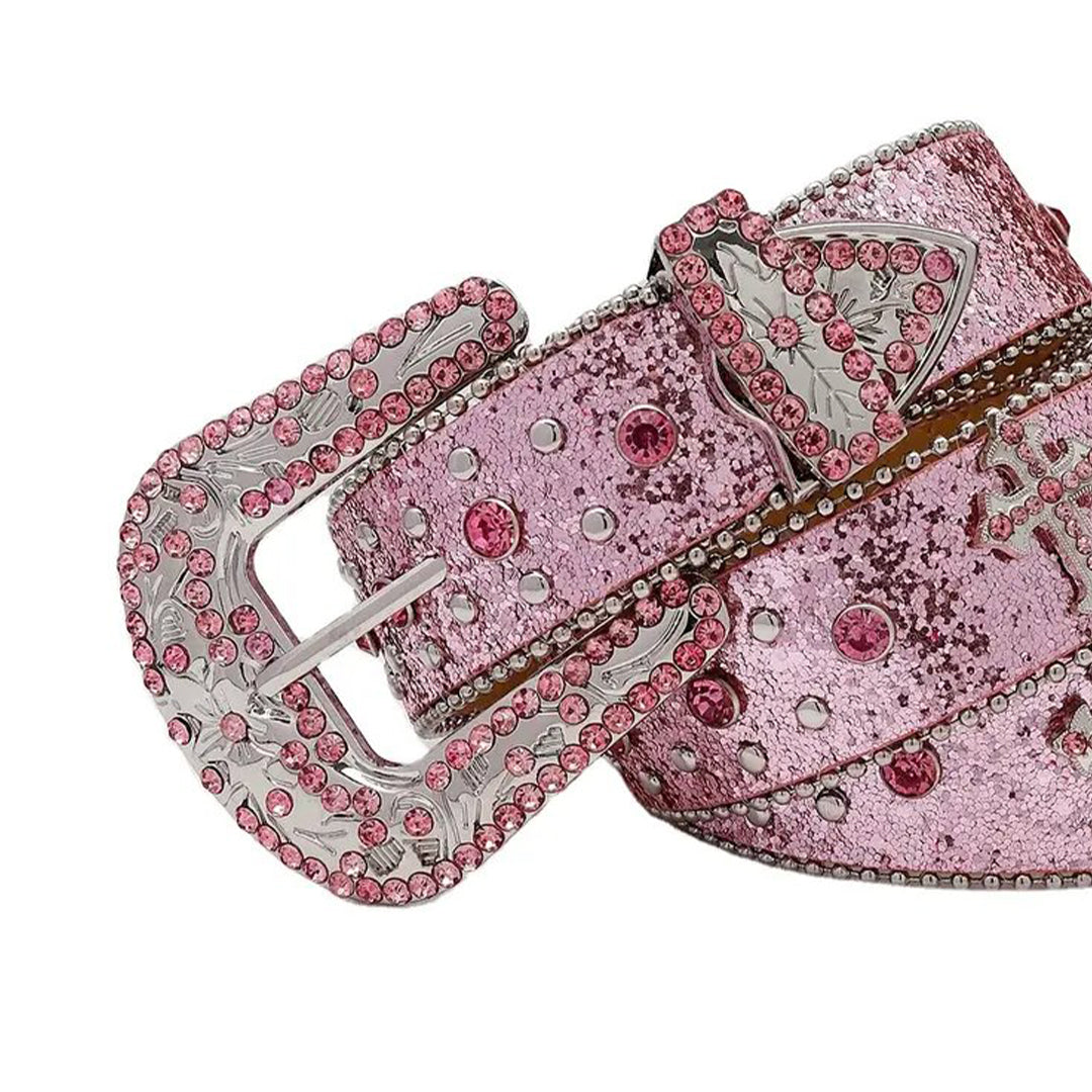 Pink Rhinestone and Silver Studs with Pink Strap Rhinestone Belt-Belts-The Rhinestone Belts