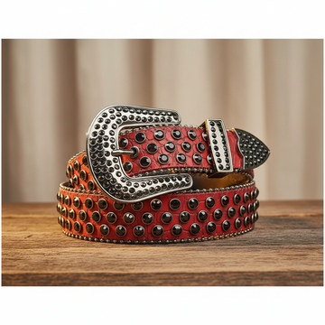 Black Rhinestone with Red Snake Texture Strap Rhinestone Belt – Luxury Handmade Designer Gift Bling Men Women