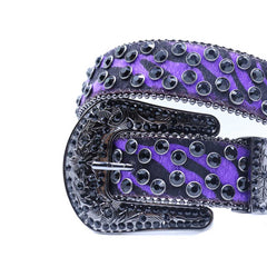 Engraved Buckle Purple Patterned Strap with Black Studs Rhinestone Belt