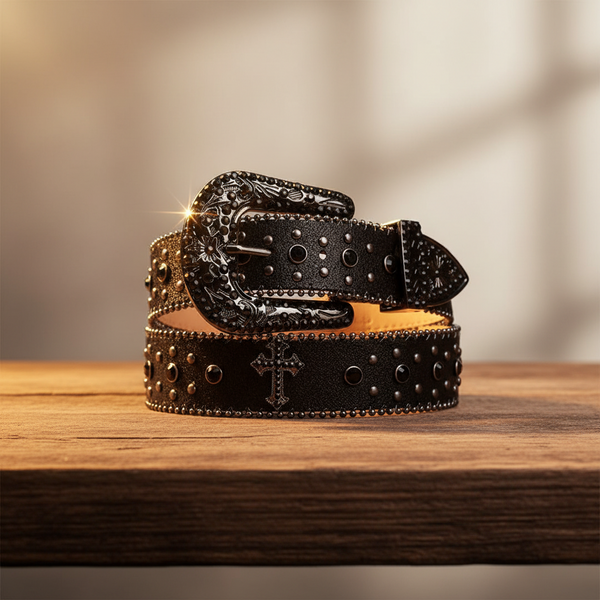 Engraved Buckle Cross Black Strap with Black Studs Rhinestone Belt