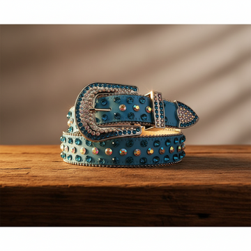 Blue and Chromatic Studs with Blue Strap Rhinestone Belt – Luxury Handmade Designer Gift Bling Men Women