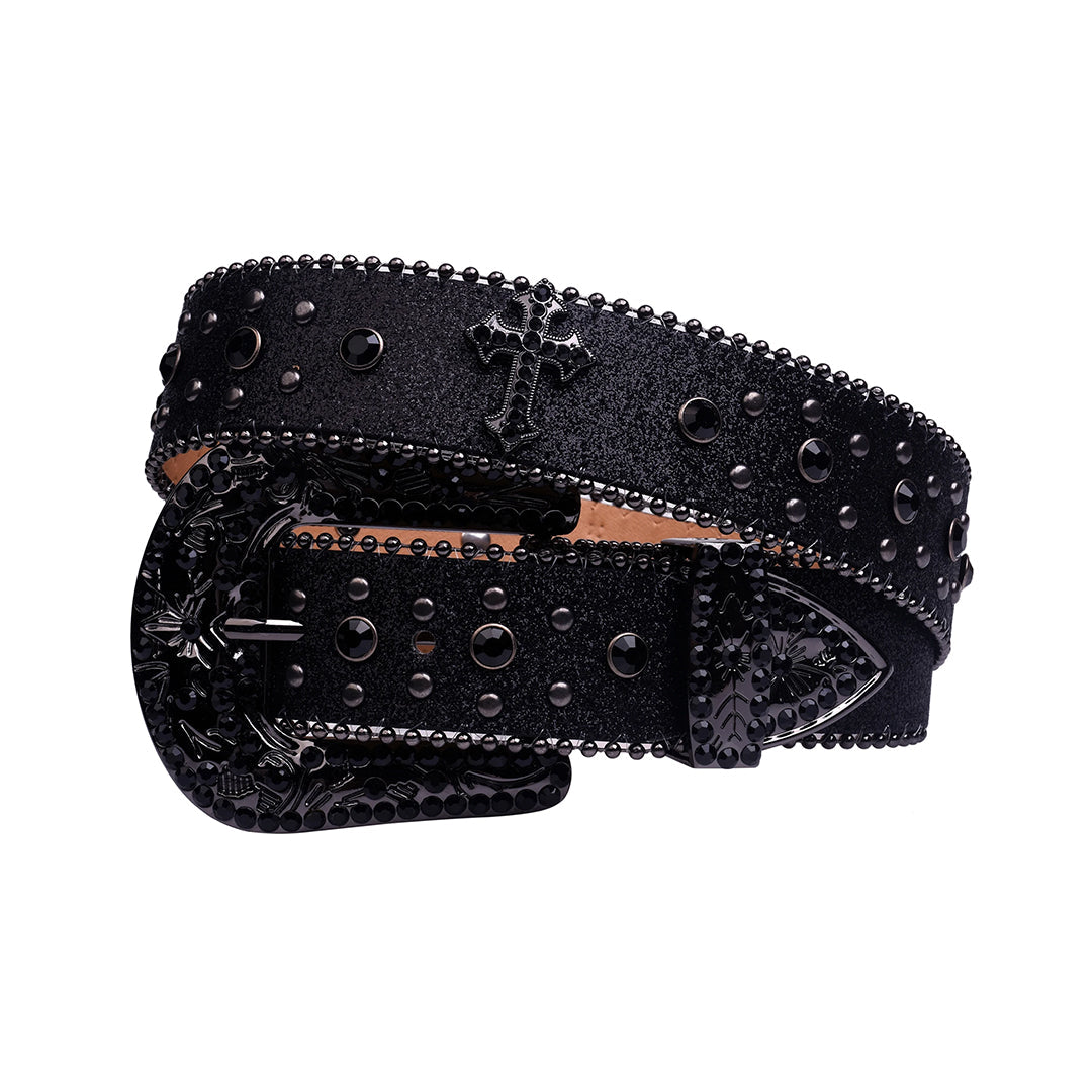 Engraved Buckle Cross Black Strap with Black Studs Rhinestone Belt-Belts-The Rhinestone Belts
