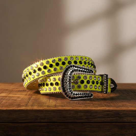 Black Multi-Color Rhinestones with Yellow Strap Rhinestone Belt – Luxury Handmade Designer Gift Bling Men Women