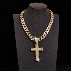 Rhinestone Cuban Link Chain Cross Pendant Necklace