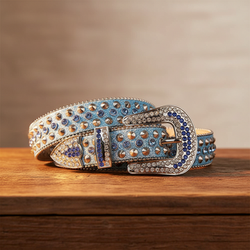 Blue Color Studs with Blue Strap Rhinestone Belt – Luxury Handmade Designer Gift Bling Men Women