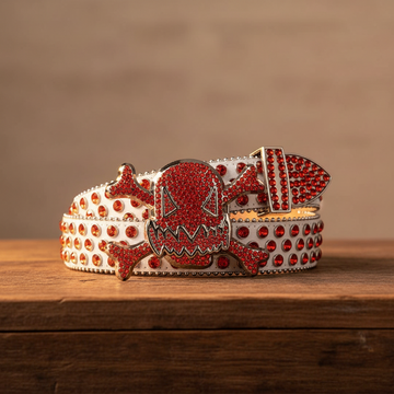 Gengar OrangeBuckle Metal White Strap with Crystal Studs Rhinestone Belt
