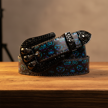 Skull Buckle Halloween Strap with Black Studded Design Rhinestone Belt – Luxury Handmade Designer Gift Bling