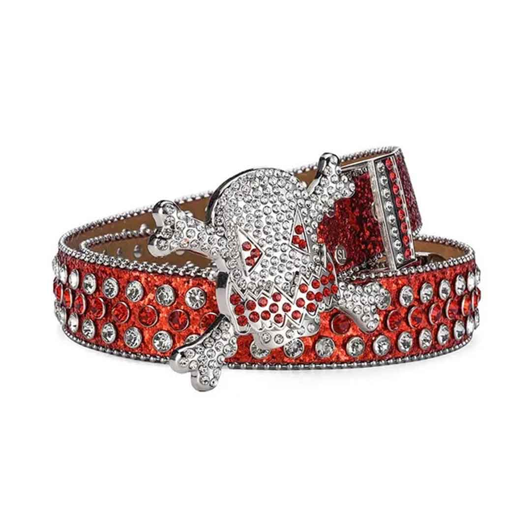 Gengar Silver Buckle Metal Red Strap with Crystal Studs Rhinestone Belt-Gengar Belts-The Rhinestone Belts