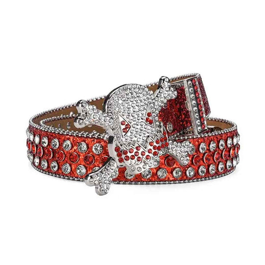 Gengar Silver Buckle Metal Red Strap with Crystal Studs Rhinestone Belt-Gengar Belts-The Rhinestone Belts