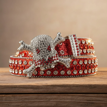 Gengar Silver Buckle Metal Red Strap with Crystal Studs Rhinestone Belt