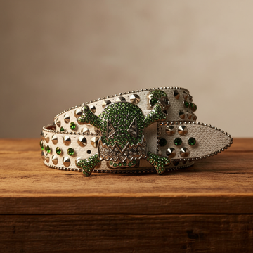 Gengar Green Buckle Metal White Strap with Crystal Studs Rhinestone Belt
