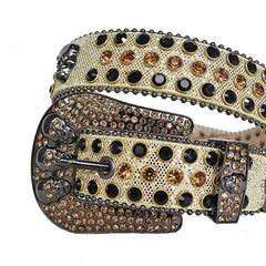 Black and Gold Studs with Beige Strap and Skull Buckles Rhinestone Belt