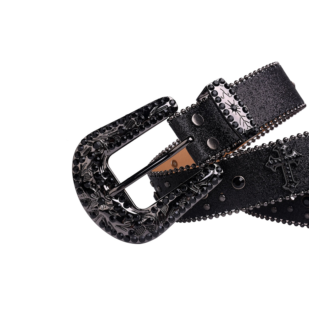 Engraved Buckle Cross Black Strap with Black Studs Rhinestone Belt-Belts-The Rhinestone Belts