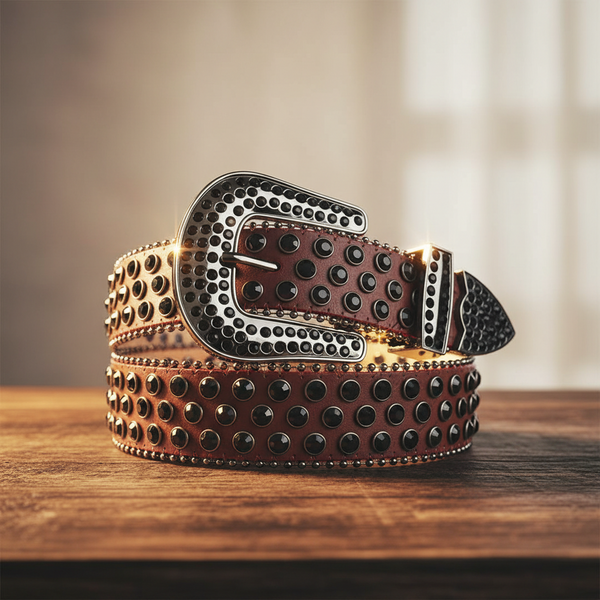Black Rhinestones with Brown Textured Strap Rhinestone Belt