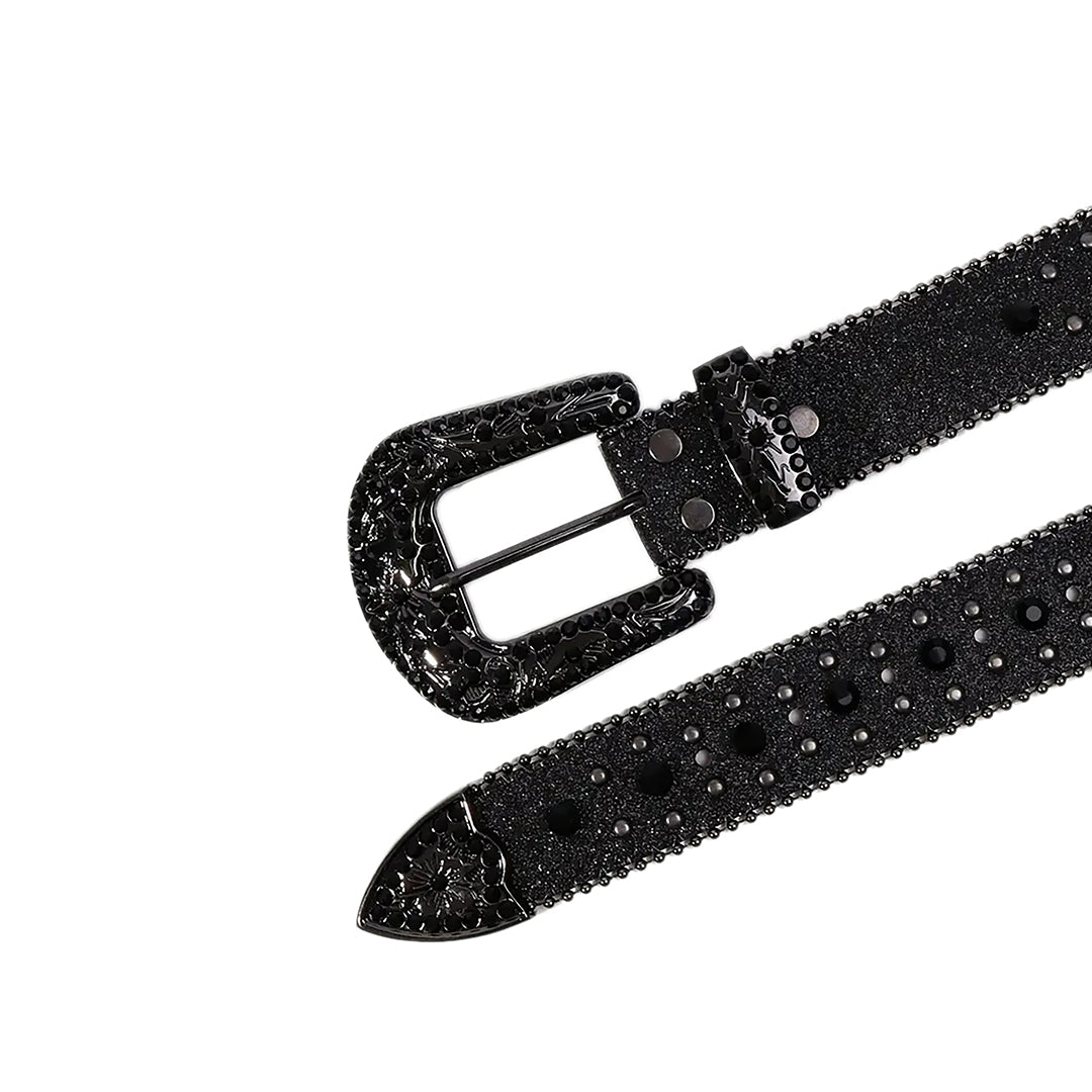 Engraved Buckle Cross Black Strap with Black Studs Rhinestone Belt-Belts-The Rhinestone Belts