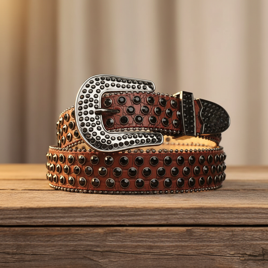 Black Rhinestones with Brown Textured Strap Rhinestone Belt – Luxury Handmade Designer Gift Bling Men Women