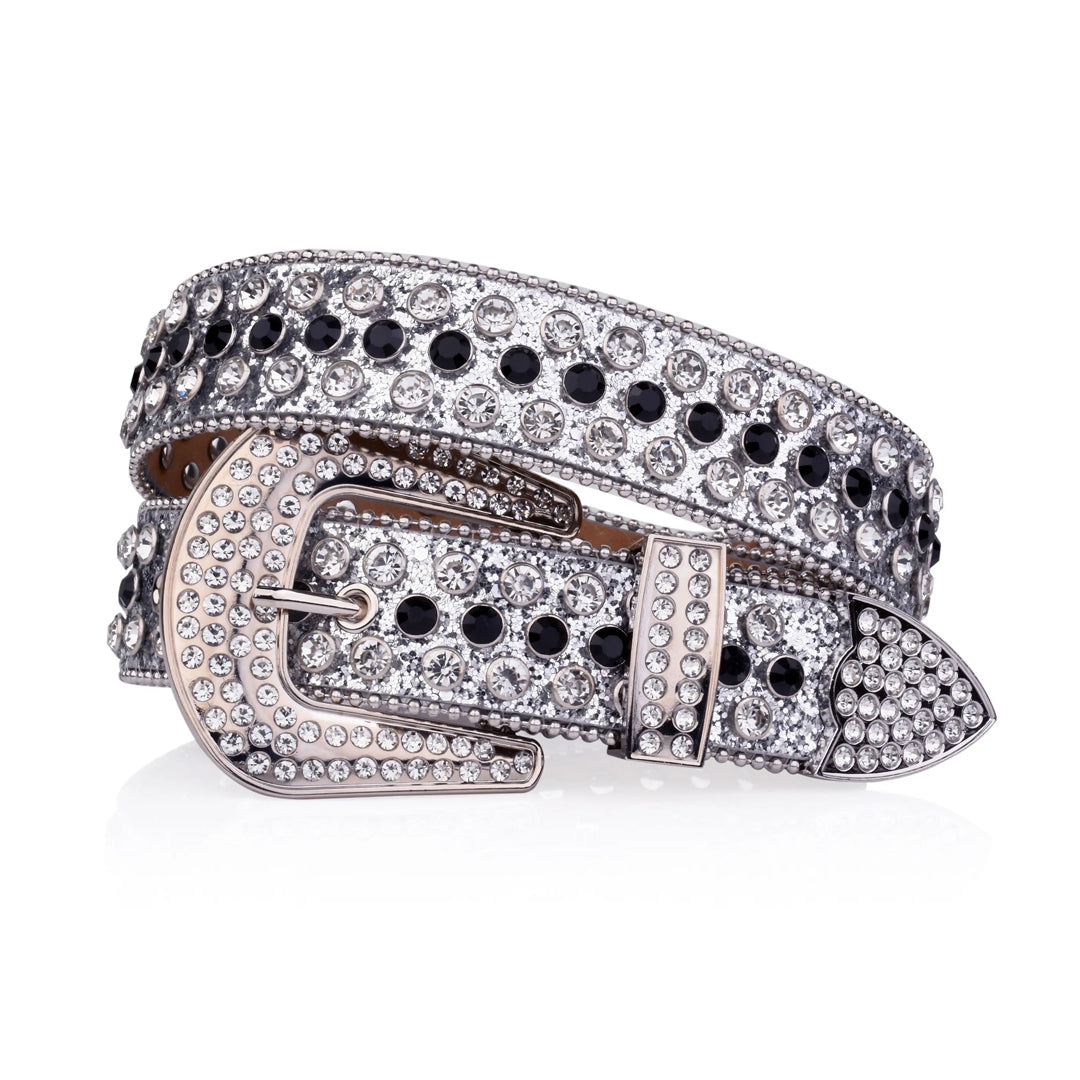 Silver Strap with Silver and Black Studs Rhinestone Belt-Belts-The Rhinestone Belts