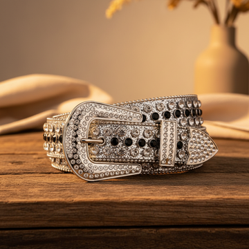 Silver Strap with Silver and Black Studs Rhinestone Belt – Luxury Handmade Designer Gift Bling