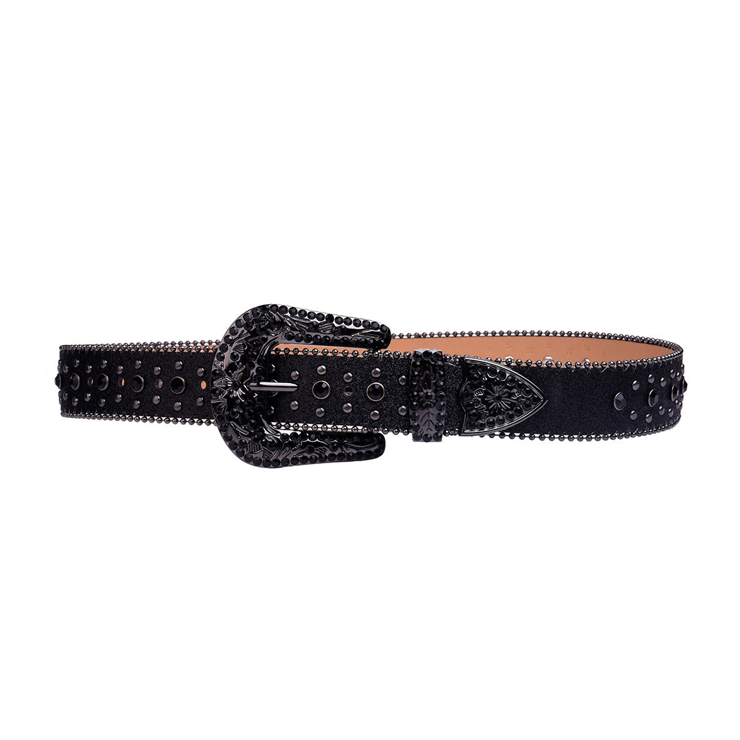 Engraved Buckle Cross Black Strap with Black Studs Rhinestone Belt-Belts-The Rhinestone Belts